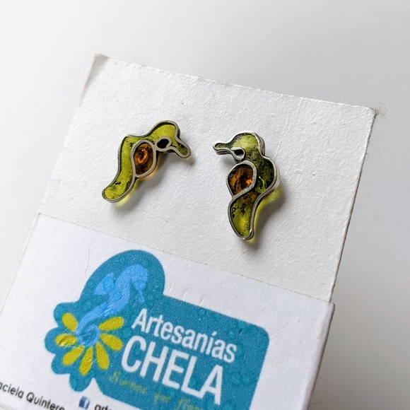 🇨🇴 Handmade Artisan Silver and Resin Bird Earrings Made In Colombia - Picture 4 of 6